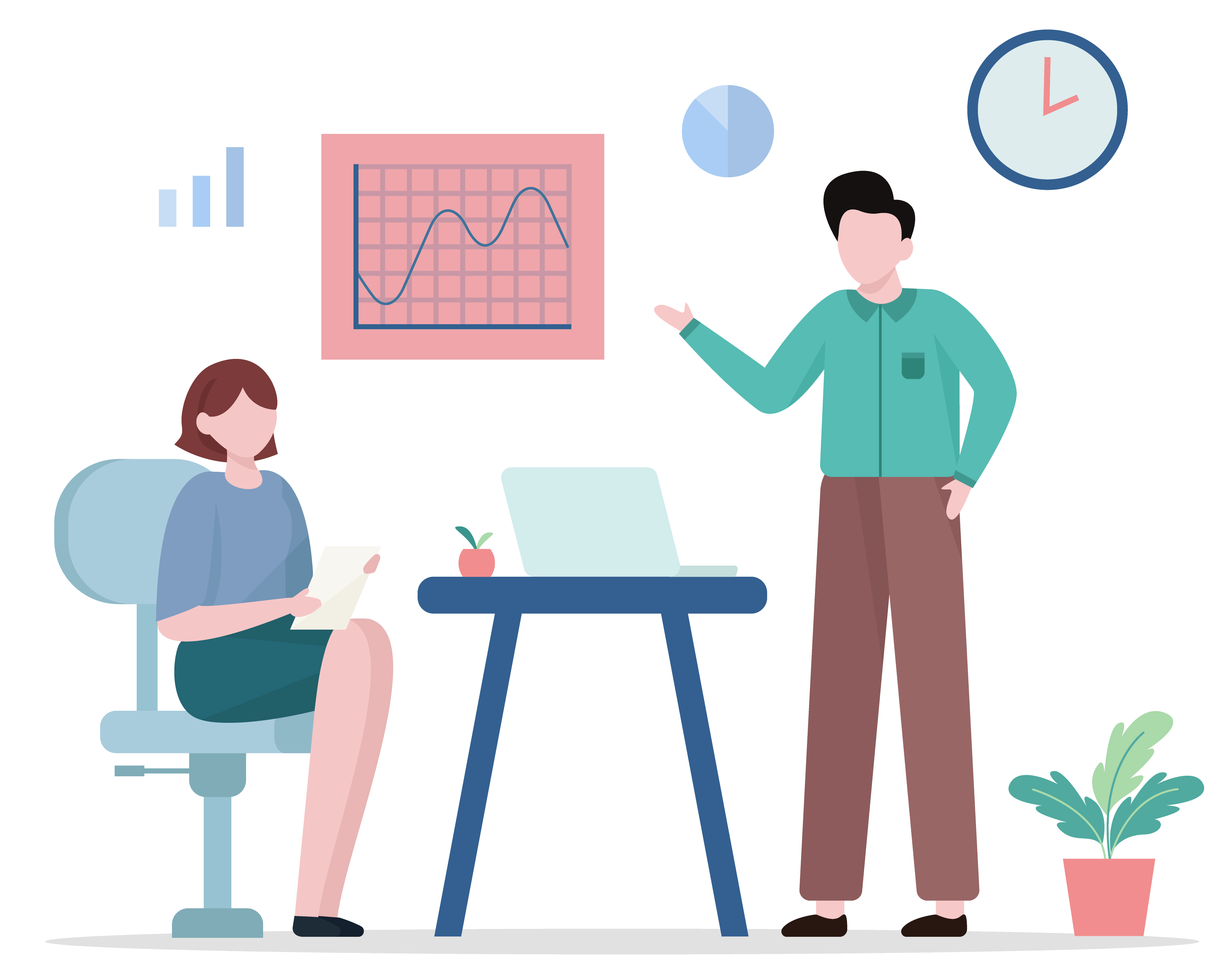 Offshore team members collaborating in a professional office environment with performance analytics